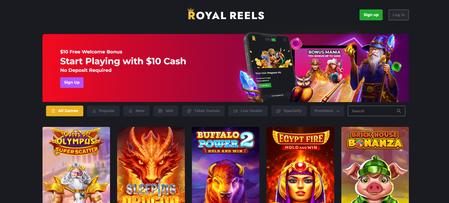 Royal Reels Casino landing page displaying the dark interface and game selection