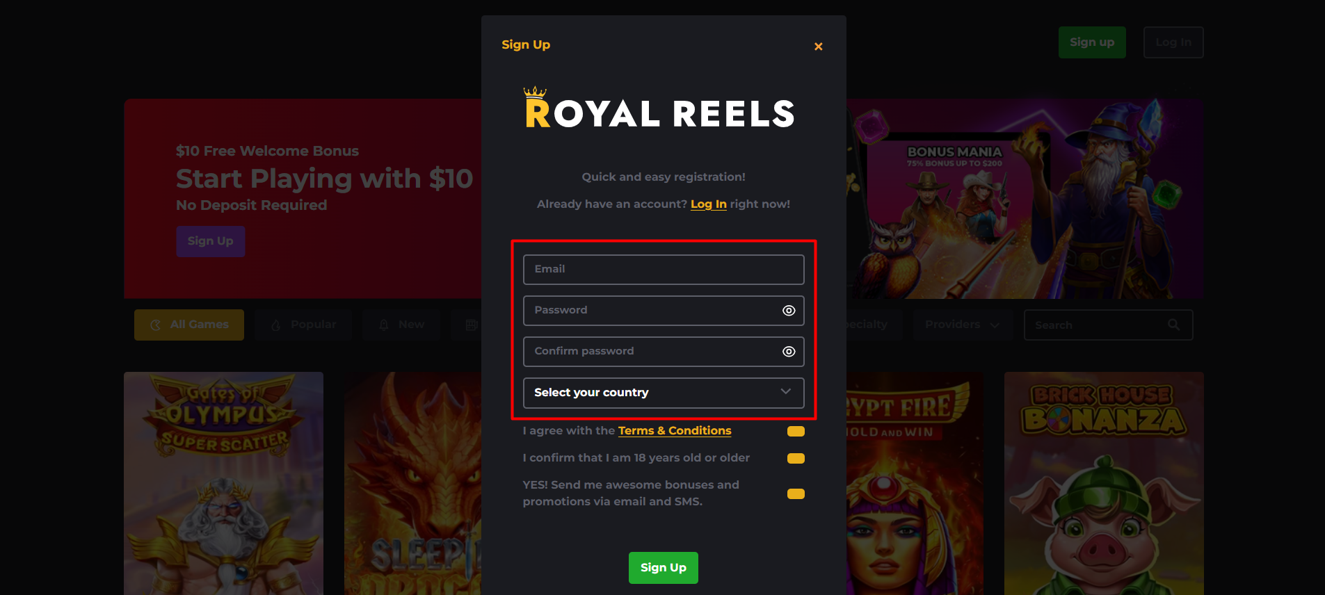 User friendly sign up form for creating a new Royal Reels account with email