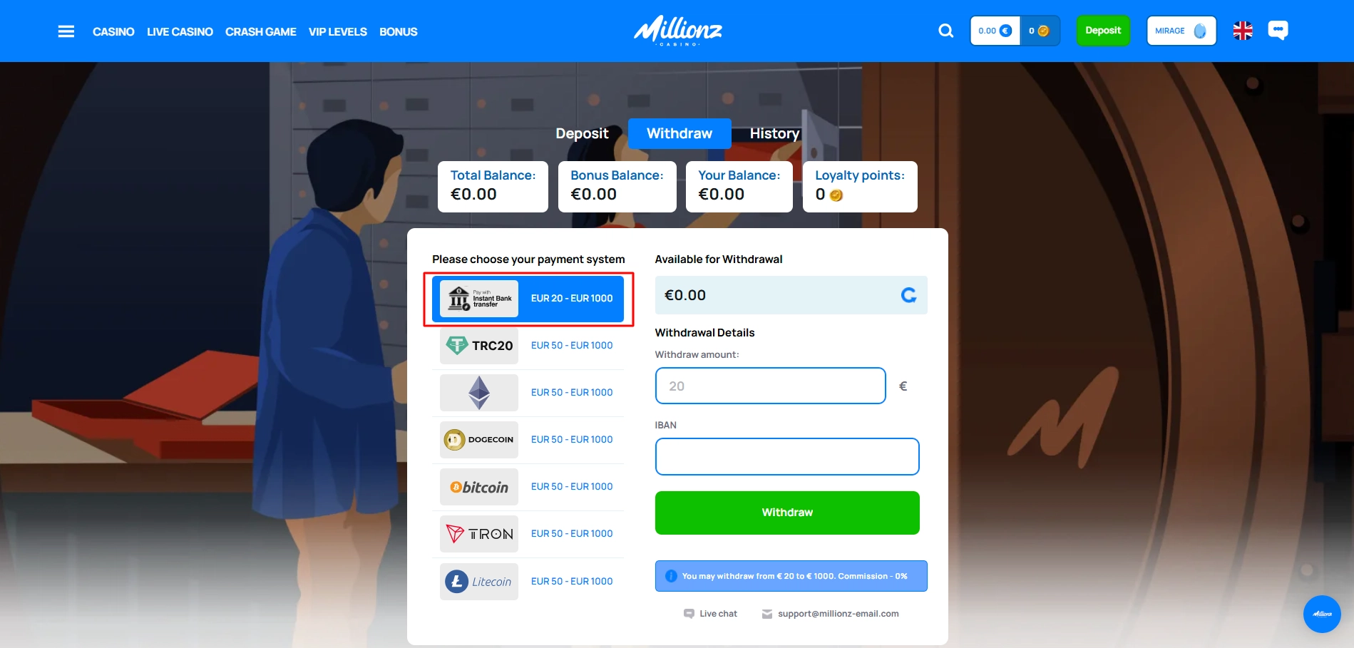 Millionz casino withdrawal page highlighting bank transfer as a payment method