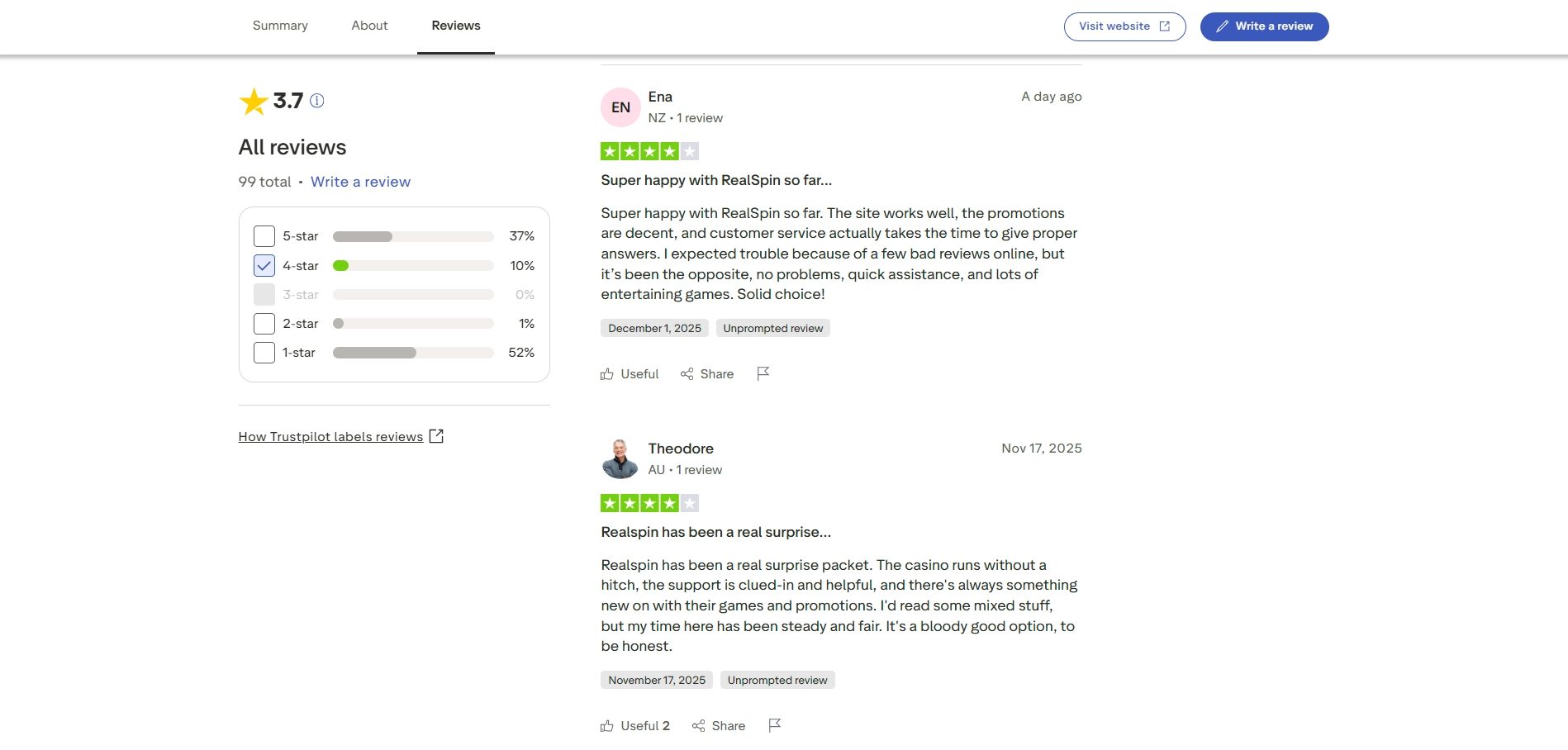 Trustpilot reviews for RealSpin casino displaying positive four-star player ratings