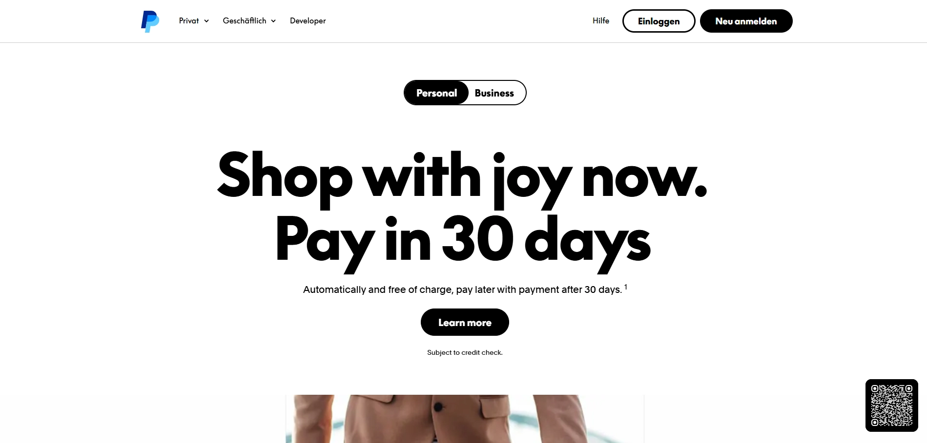 PayPal homepage displaying shop with joy tagline and secure payment options