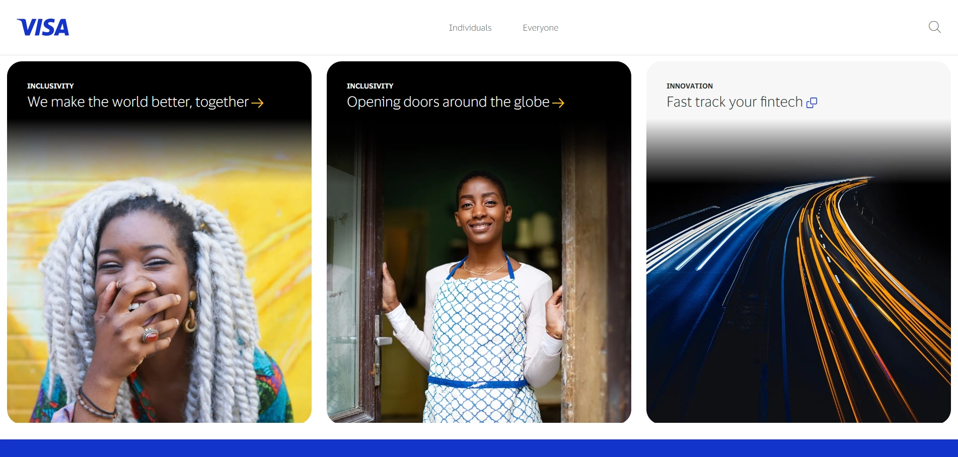 Visa bank card homepage illustrating inclusivity and innovation brand values for users