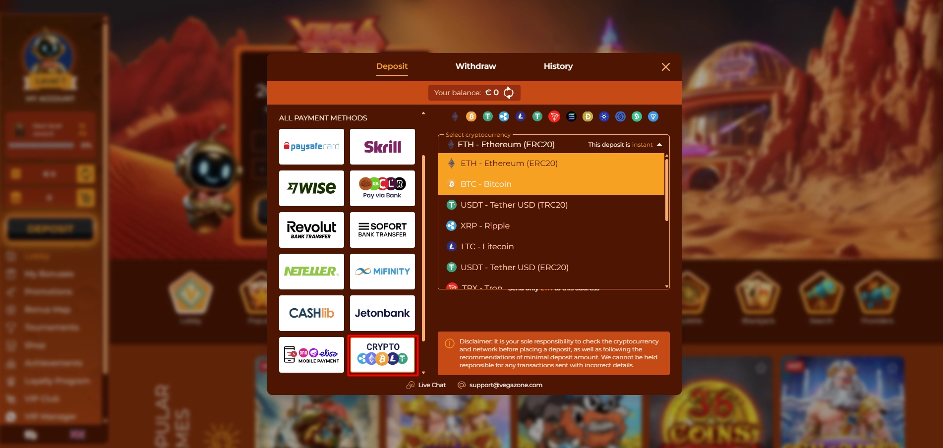 Display of cryptocurrency deposit payment options menu at Vegazone Casino