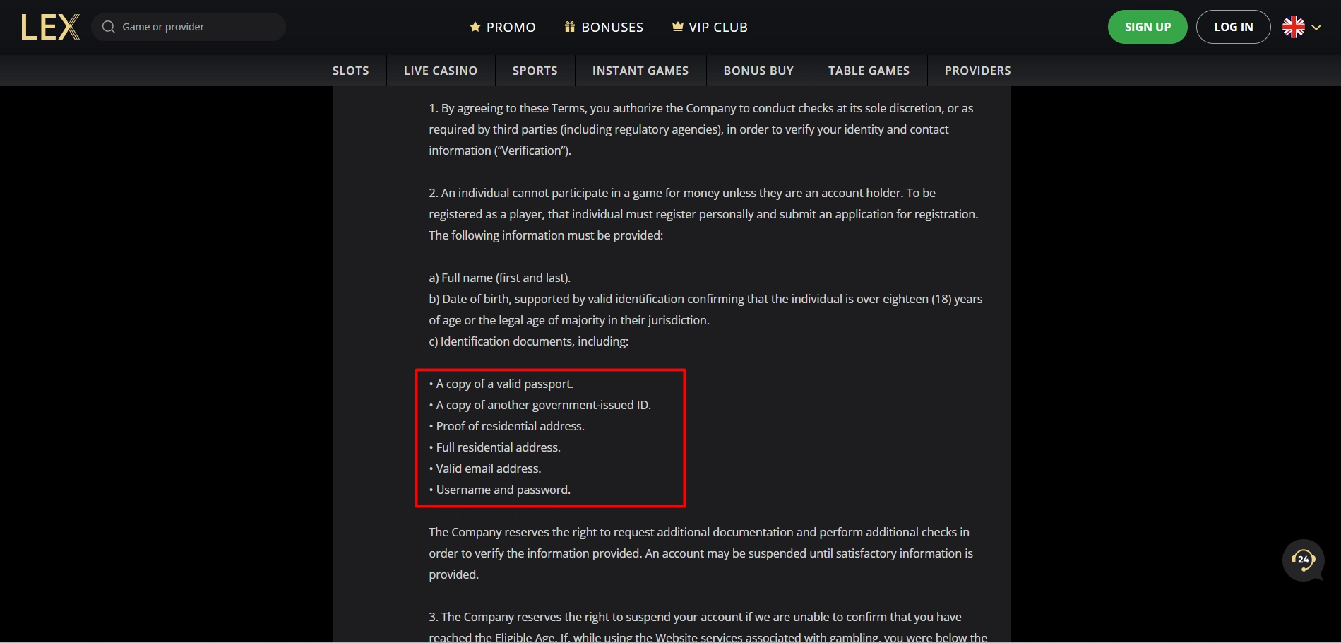 Lex Casino policy page explaining detailed Know Your Customer requirements for players