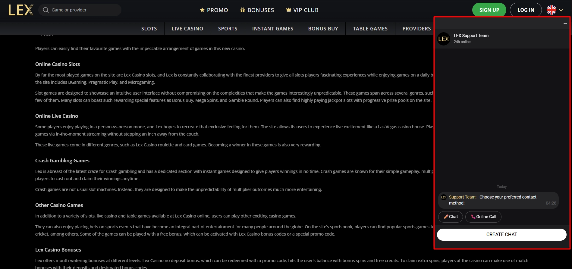 Lex Casino interface displaying customer support options available twenty four seven
