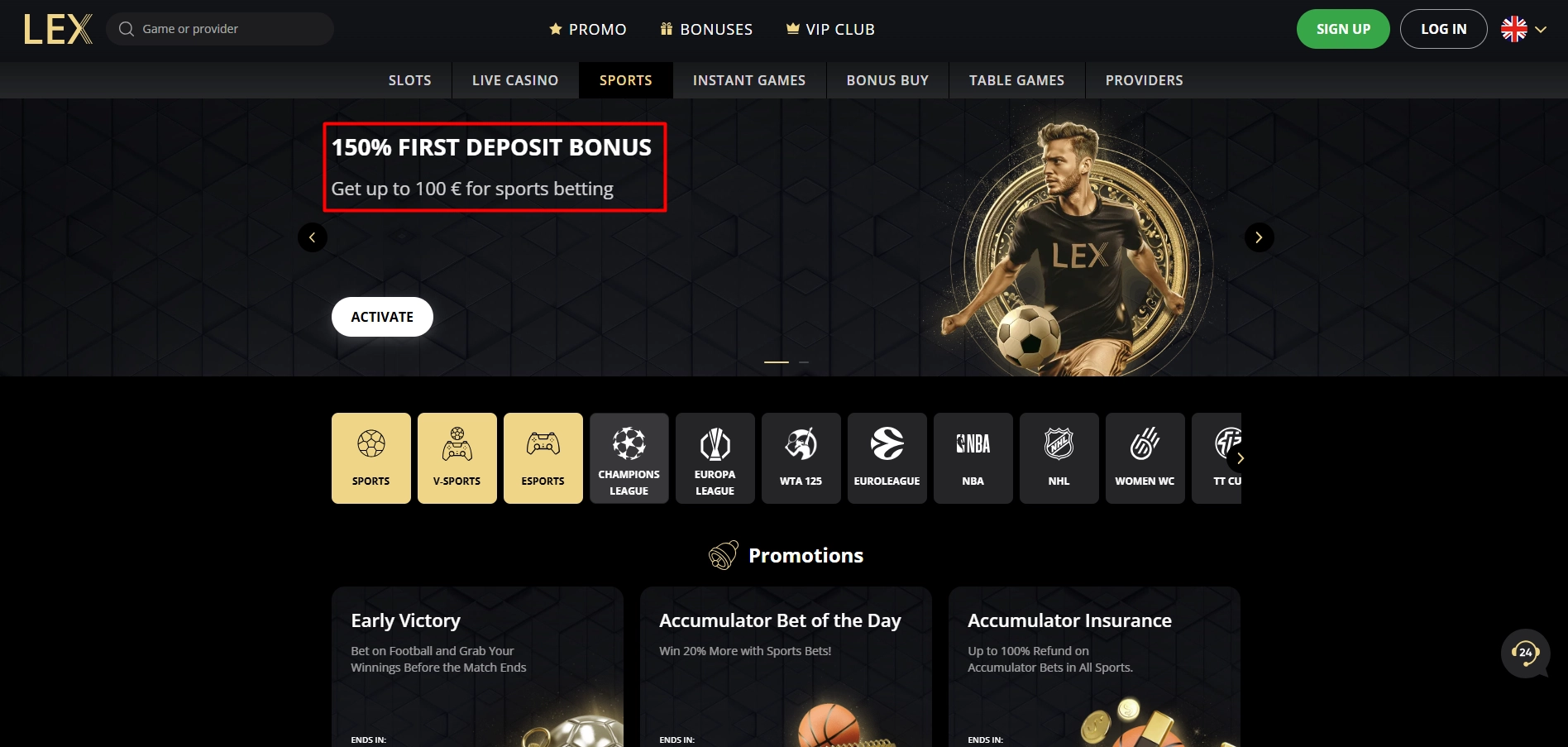Lex Casino sports betting page displaying available bonus package offers for bettors