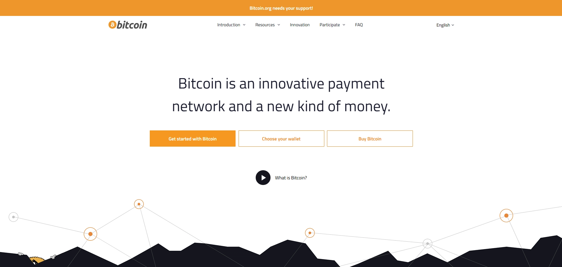 Official Bitcoin homepage displaying fundamental concepts of decentralized cryptocurrency technology