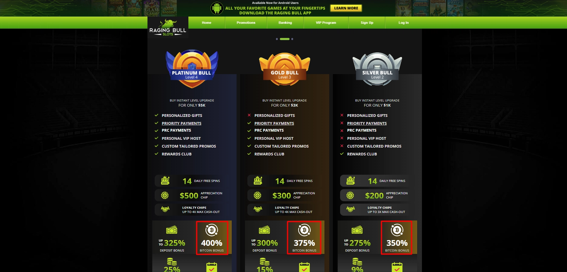 Raging Bull Slots VIP program highlighting exclusive Bitcoin rewards for players