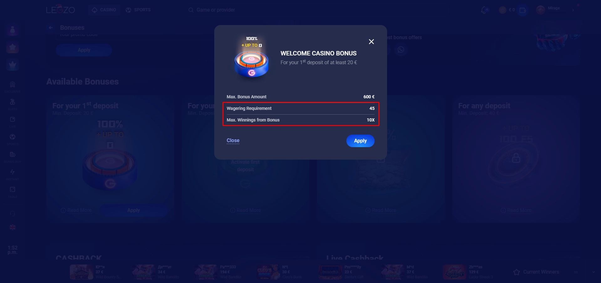 Legzo Casino bonus terms showing detailed wagering requirements and max cashout limits