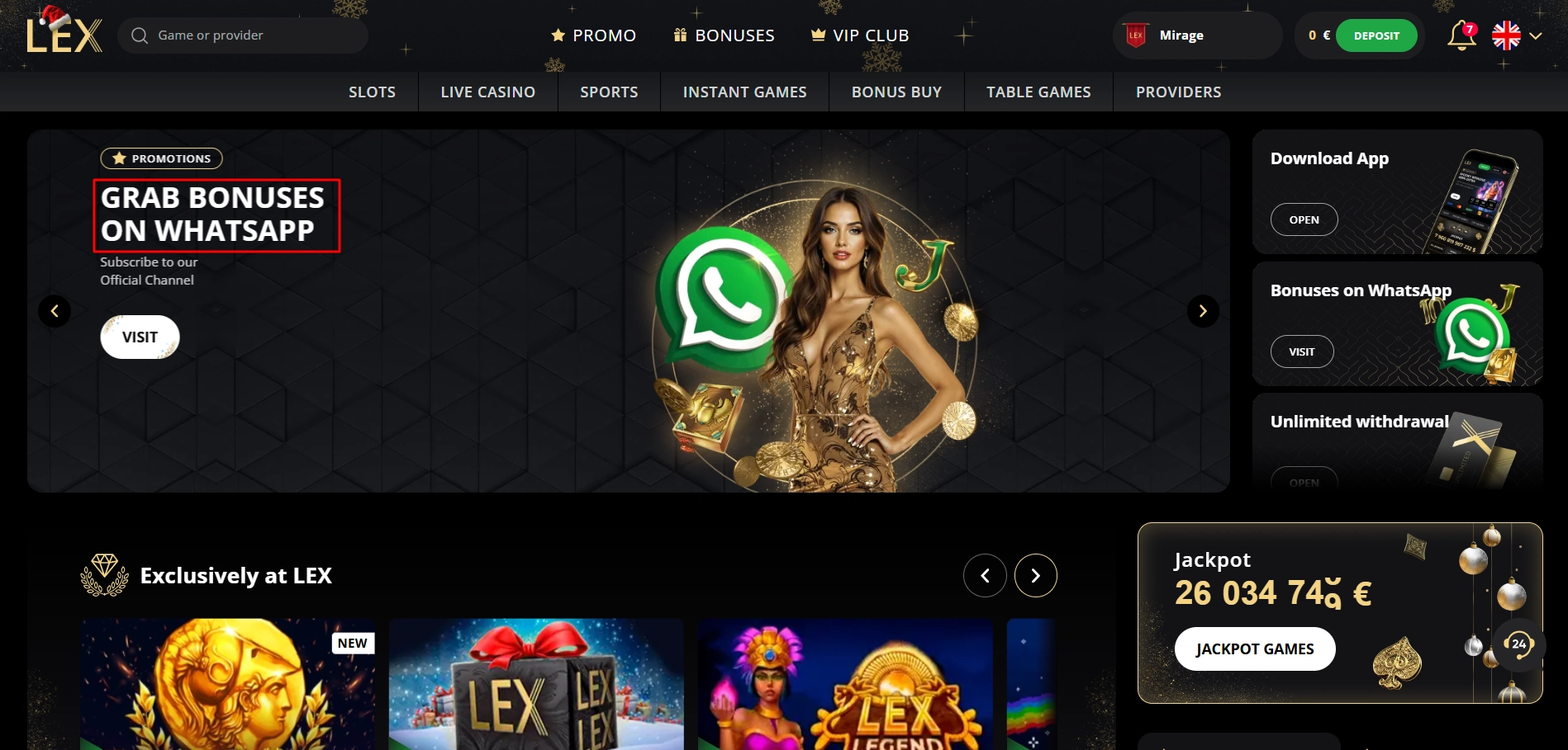 Lex Casino homepage banner promoting exclusive bonuses available via their WhatsApp channel
