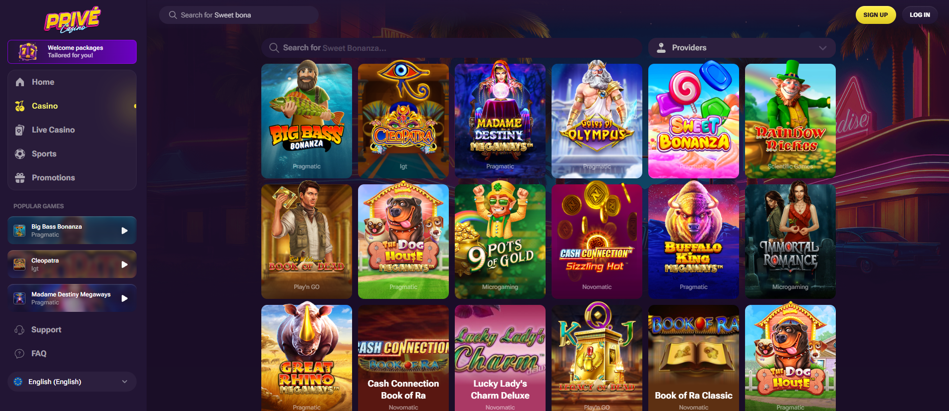 Sélection variée de machines à sous et de jeux de table sur Privé Casino