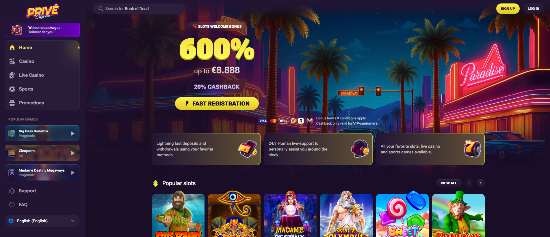 Aperçu du lobby moderne de Privé Casino avec une interface sombre et dorée élégante