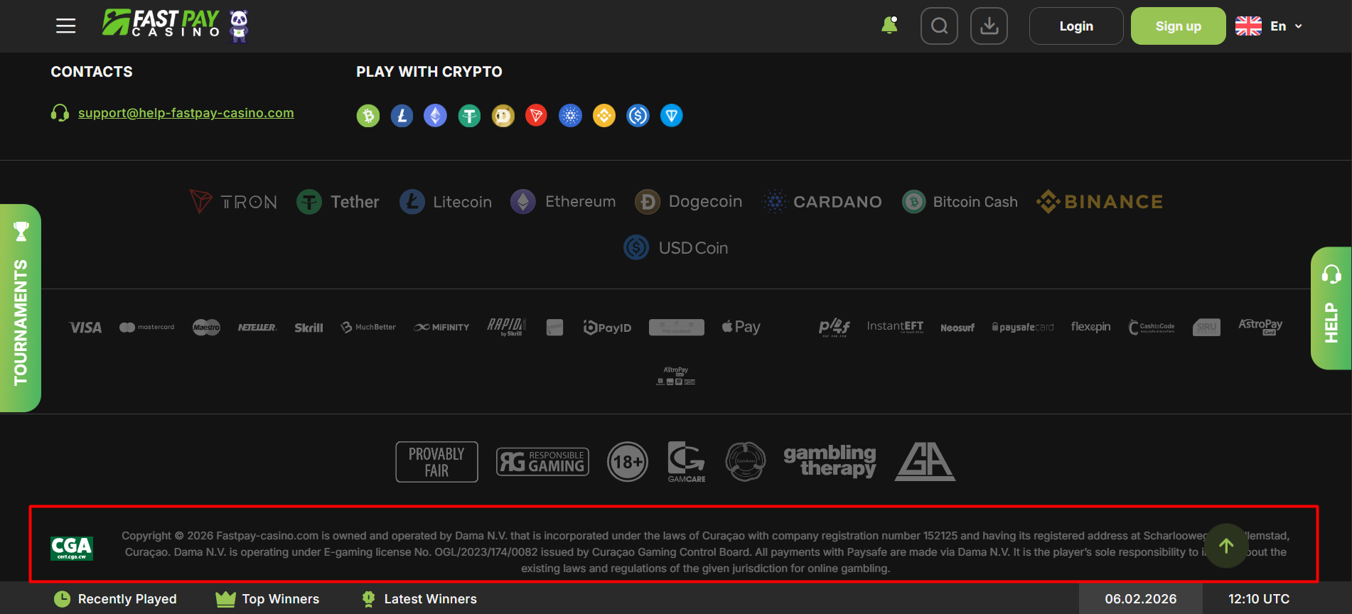 Official Curacao Gaming Control Board license display for fastpay casino player protection and legal security.