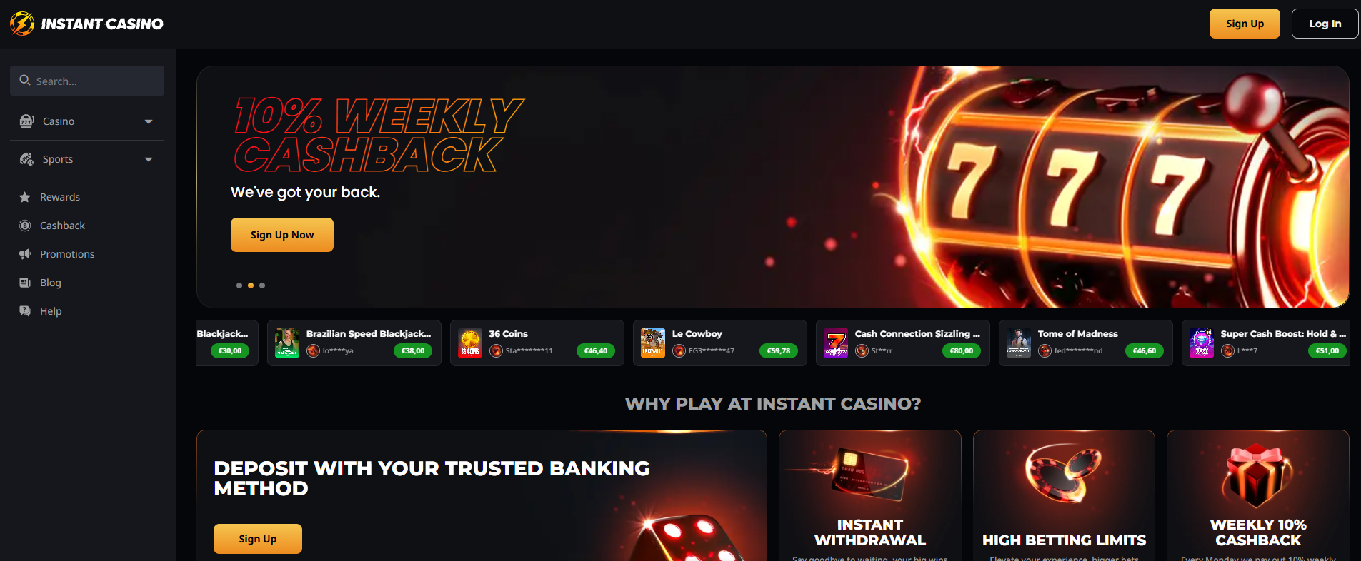 Interface sombre et élégante du lobby Instant Casino pour une navigation fluide