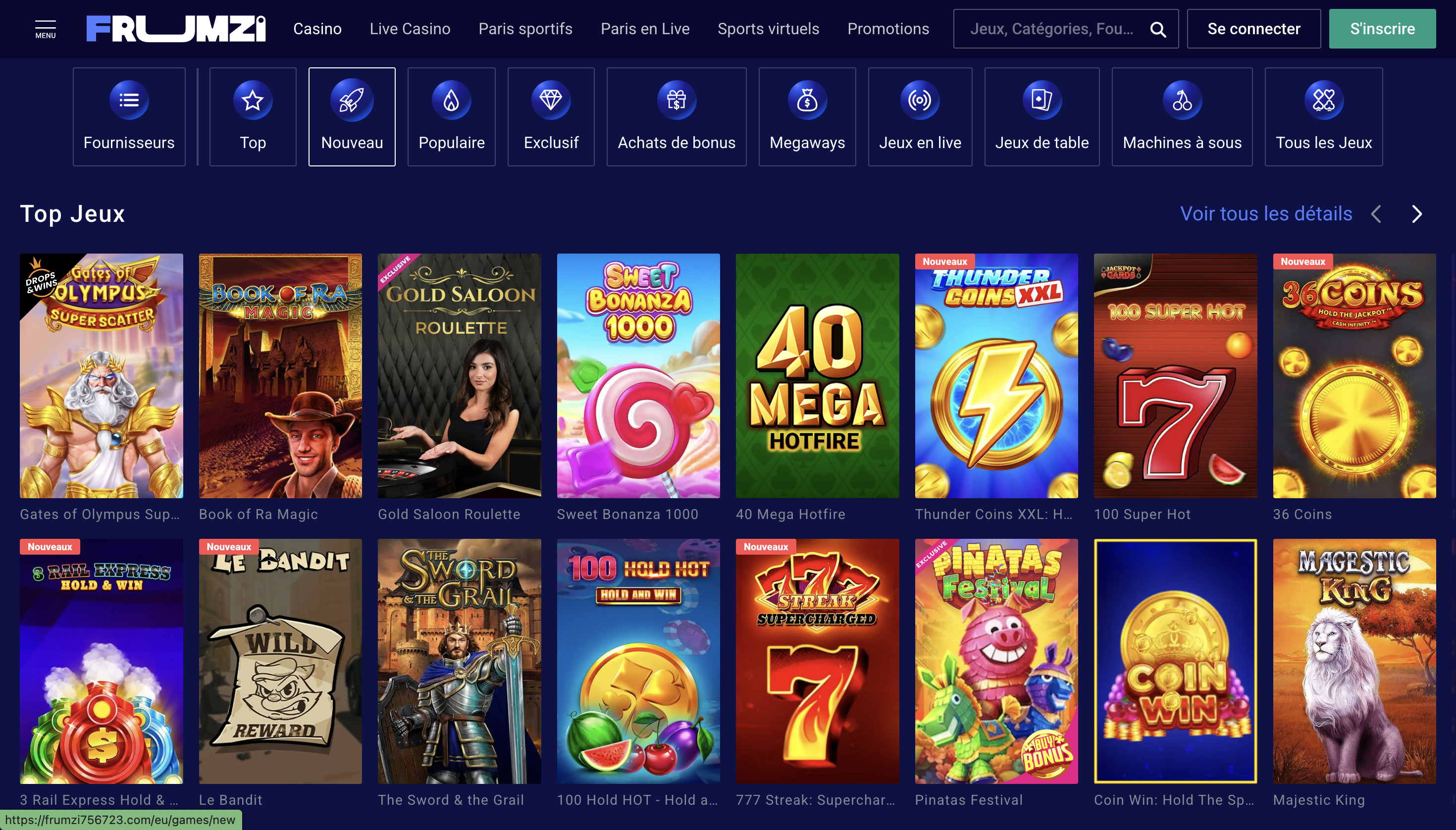 Sélection de jeux sur Frumzi Casino