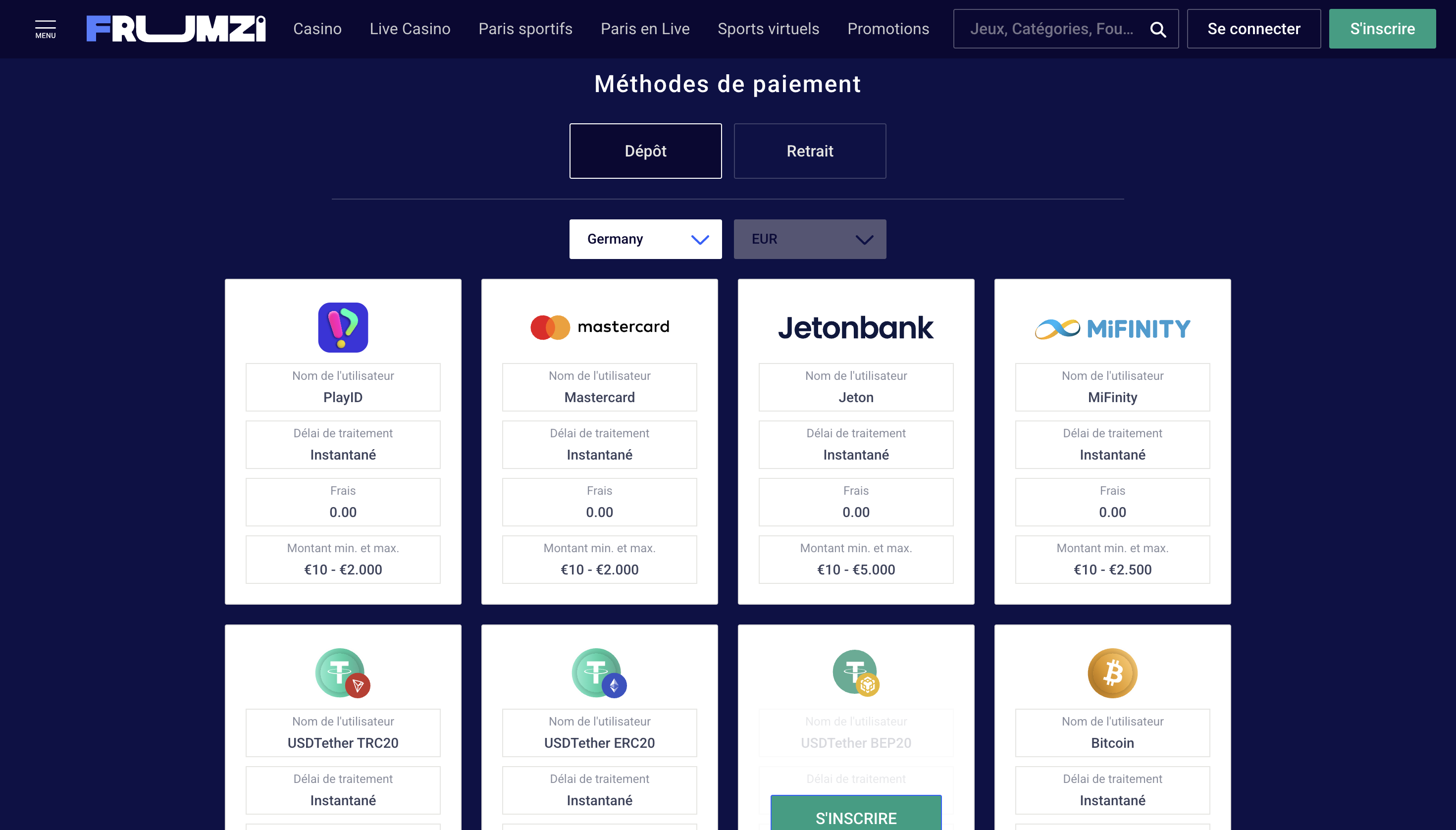 Méthodes de paiement Frumzi Casino
