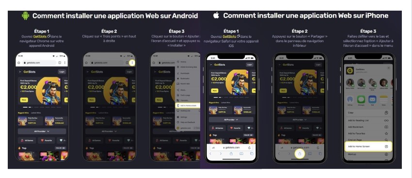 Interface mobile fluide de Getslots compatible avec smartphones et tablettes iOS Android.
