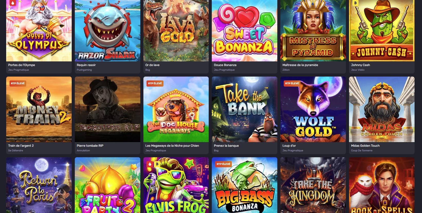 Vaste ludothèque Getslots incluant machines à sous, live casino et mini-jeux.