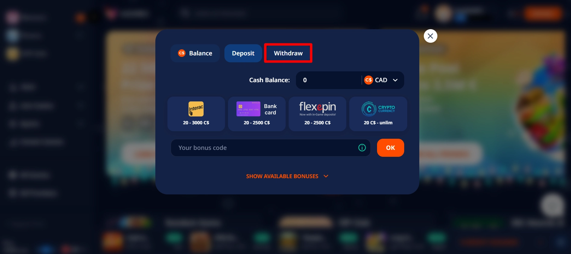 Online casino withdrawal menu featuring bank cards, Interac, and various crypto options.