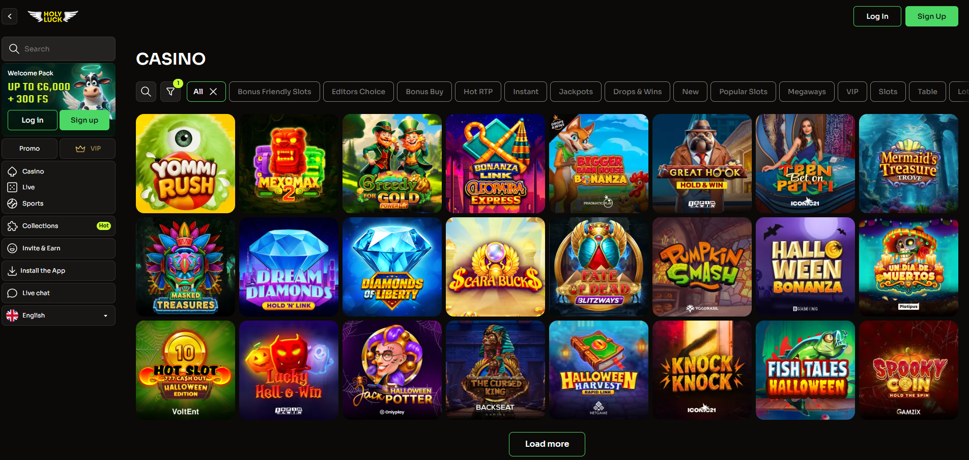 L'univers immersif du casino Holyluck avec ses jeux de table et machines à sous.