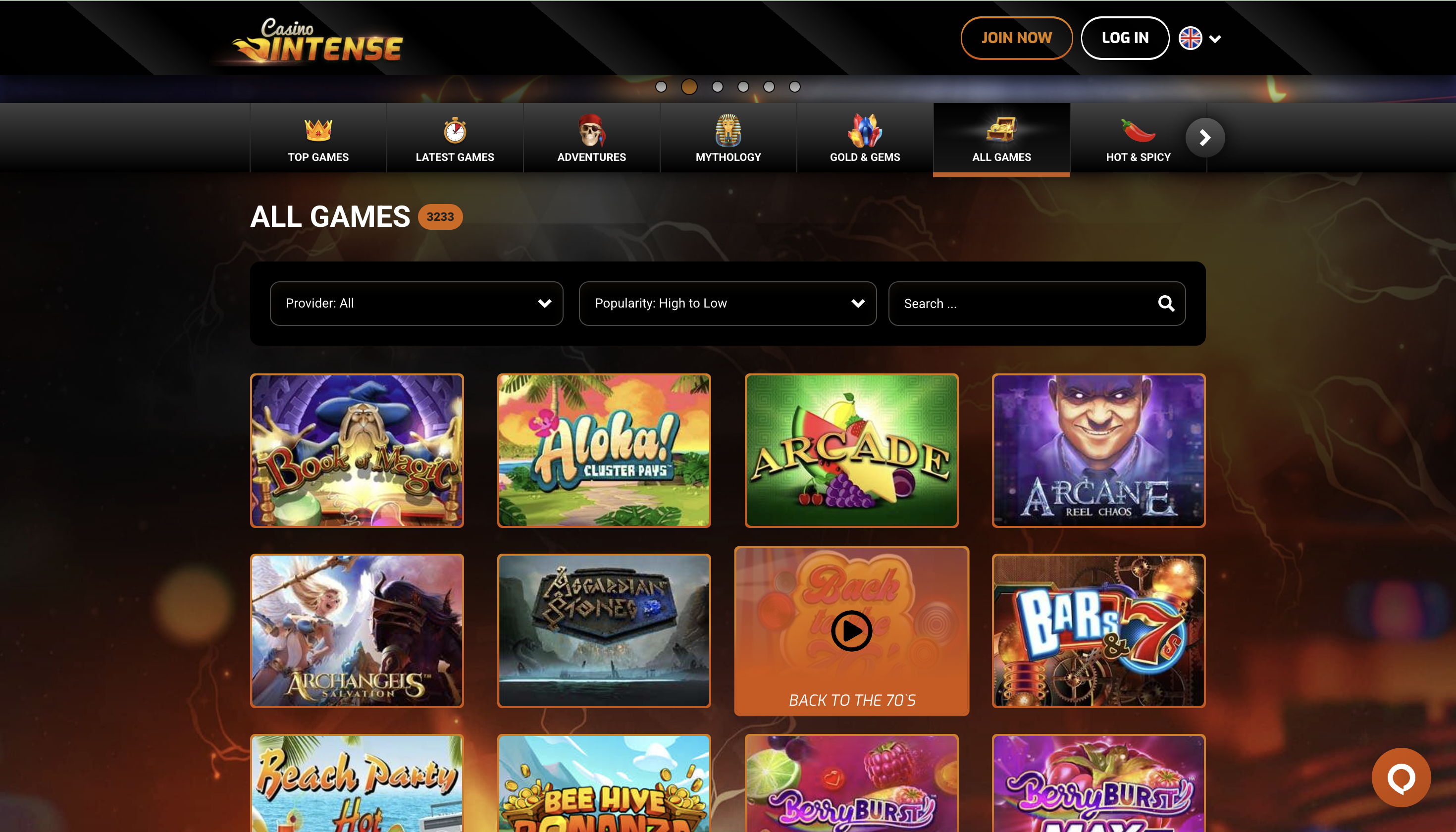 Sélection de jeux sur Intense Casino