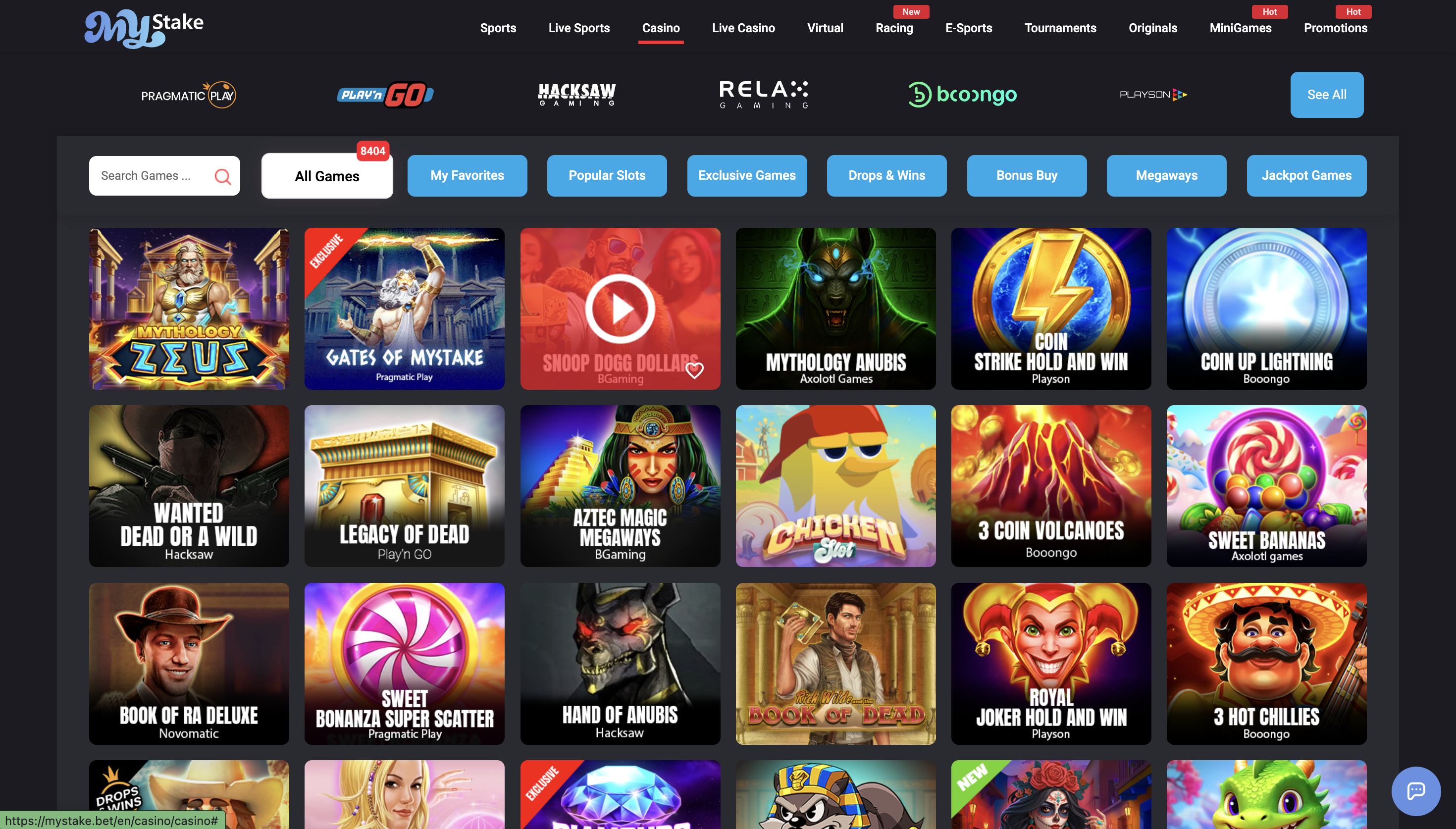 Sélection de jeux MyStake Casino