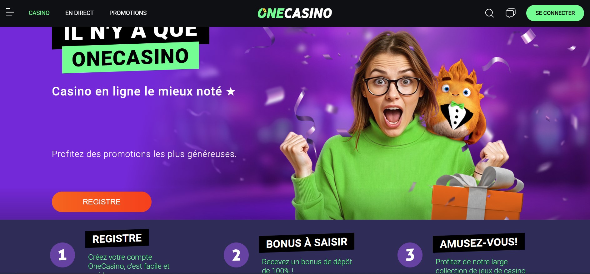 Interface d'accueil de One Casino