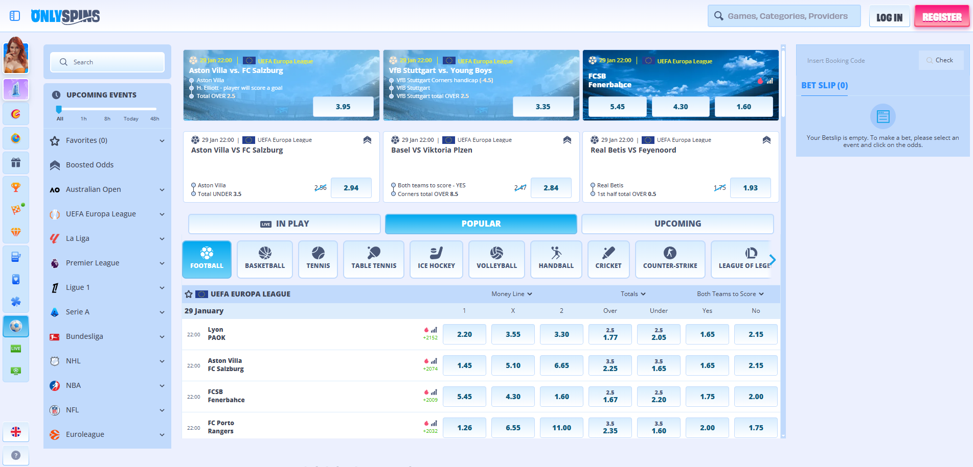 Interface de paris sportifs OnlySpins pour le bonus de bienvenue sport