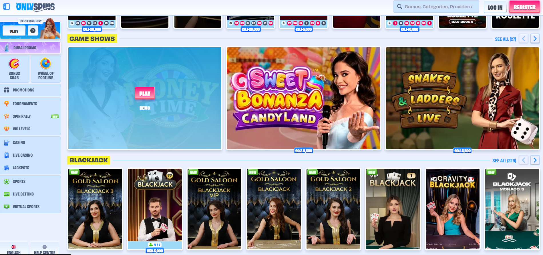 Jeux en direct incluant Game Shows et Blackjack avec croupiers réels