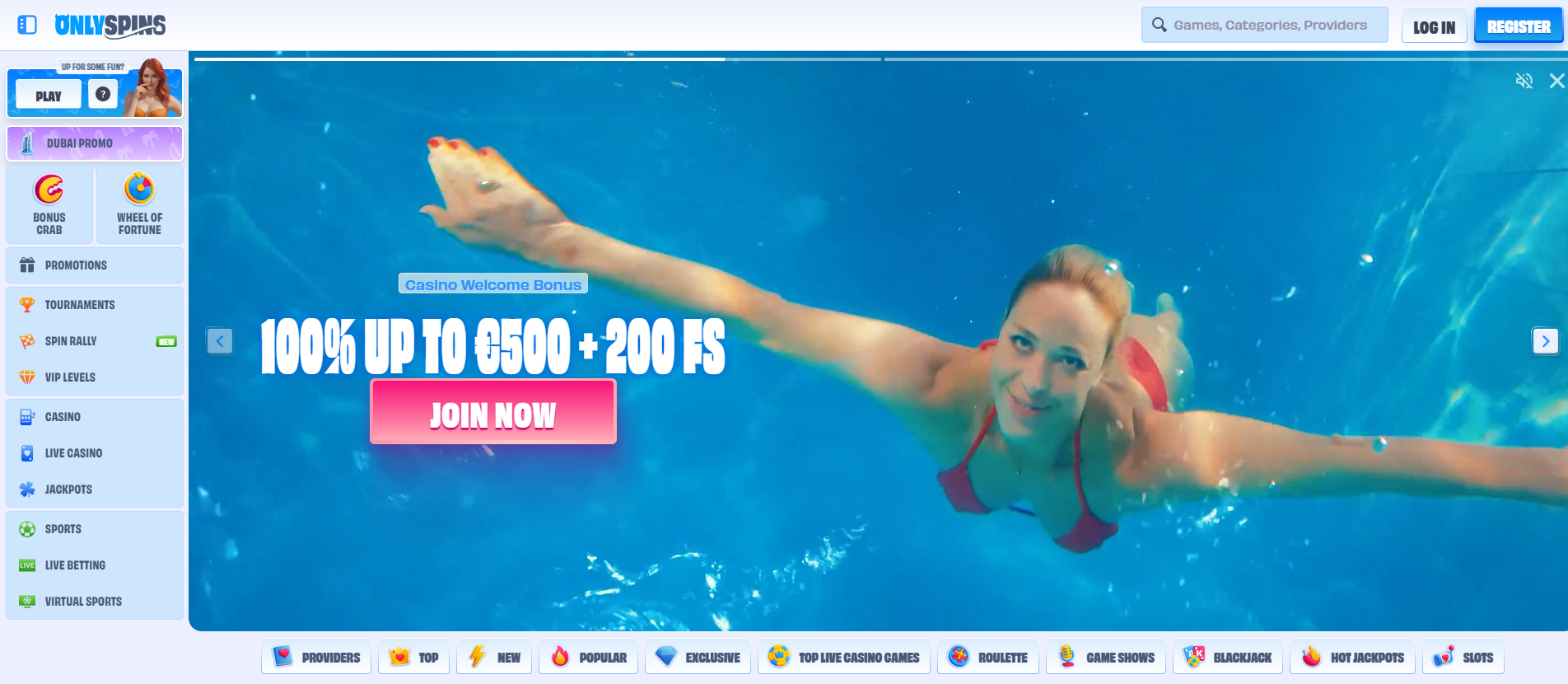 Accueil du site OnlySpins Casino montrant l'interface gamifiée et hybride