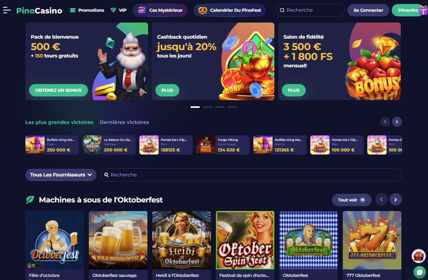 Interface d'accueil colorée de Pino Casino montrant l'offre de bienvenue exclusive