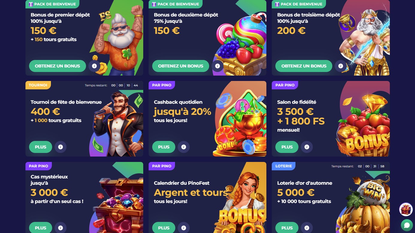 Aperçu des promotions et du pack de bienvenue généreux sur Pino Casino