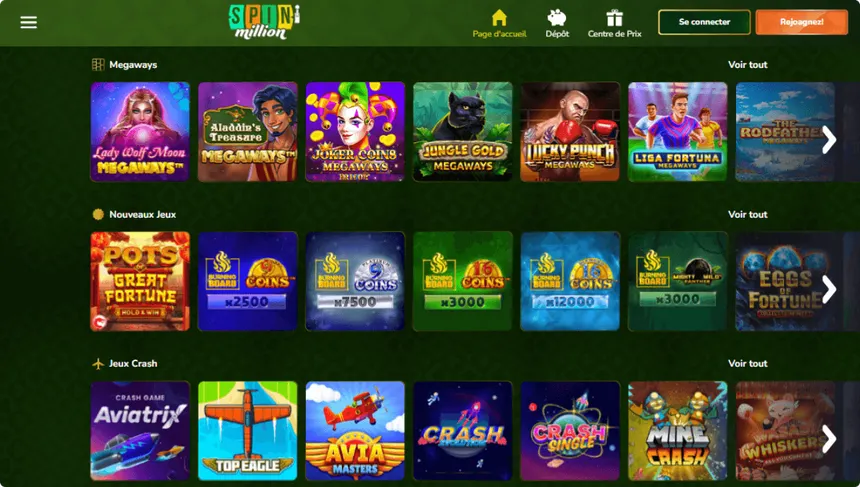 Aperçu du site officiel SpinMillion Casino sur un écran d'ordinateur de bureau classique